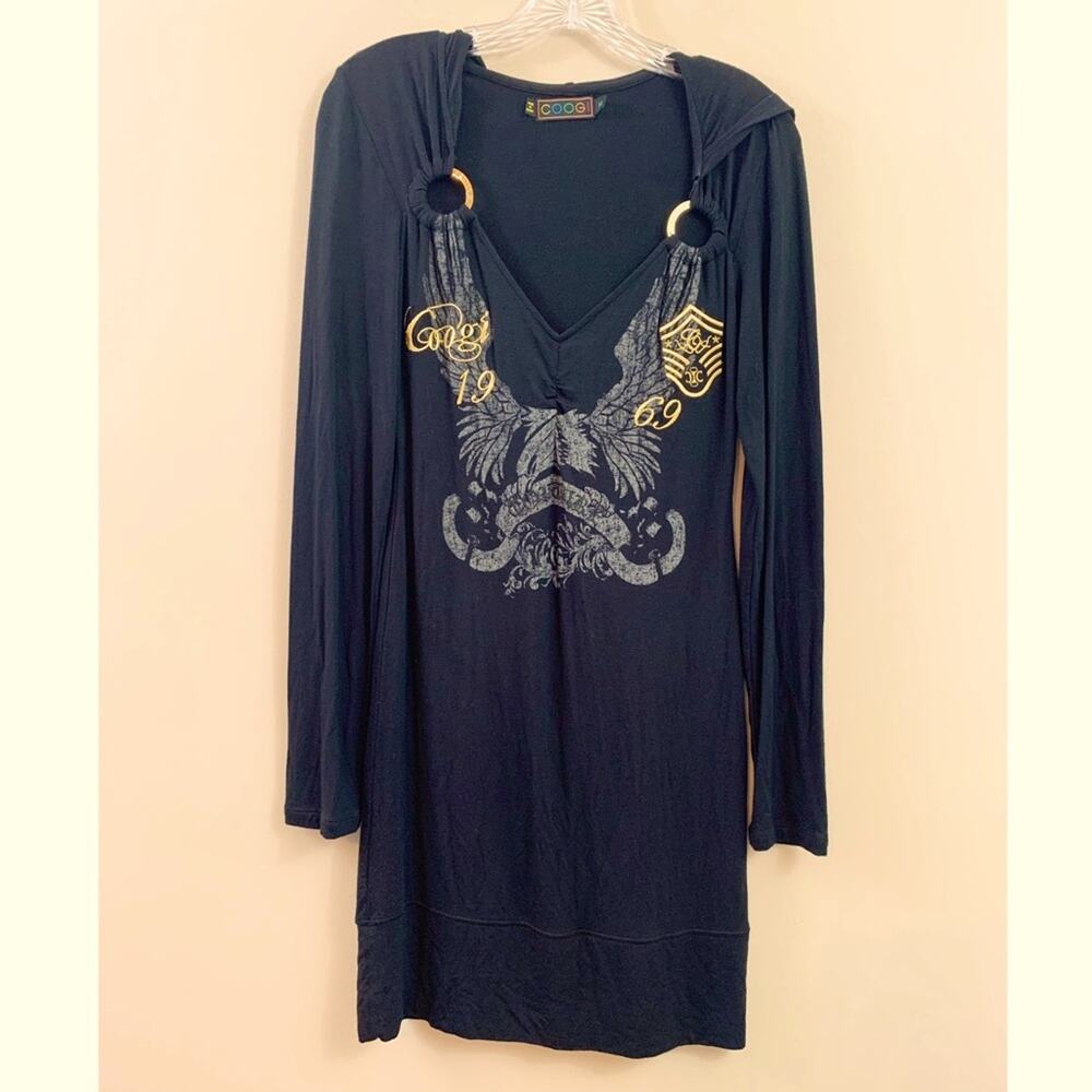 Coogi Couture Eagle Gold Embroidered Hooded Long Sleeve T-Shirt Mini Black Dress